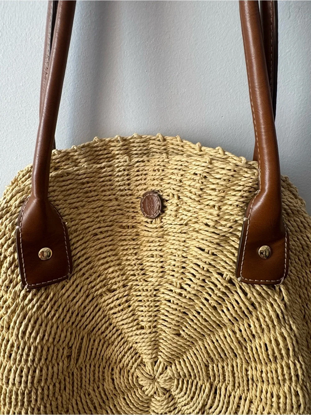 Woven Round Straw Tote Bag with Brown Leather Handles